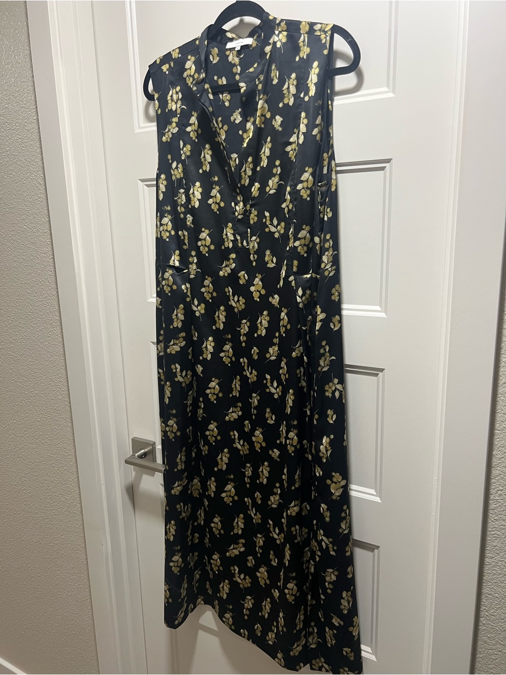 Vince Black Sleeveless Floral Midi Dress with Yellow Blossoms